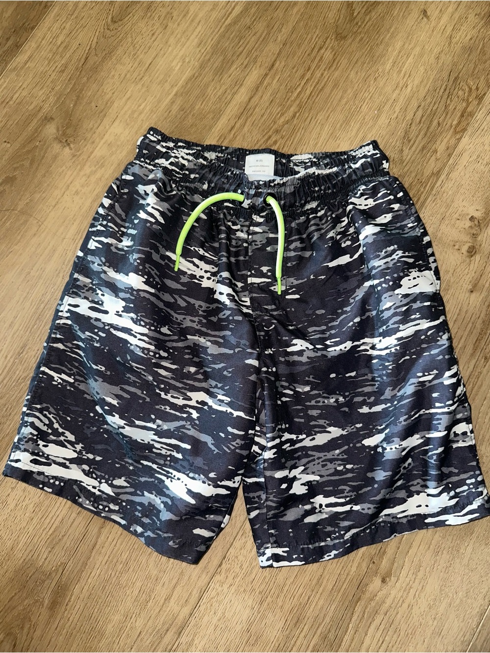 wonder nation Black, Gray & White Camo Swim Trunks with Neon Green Drawstring